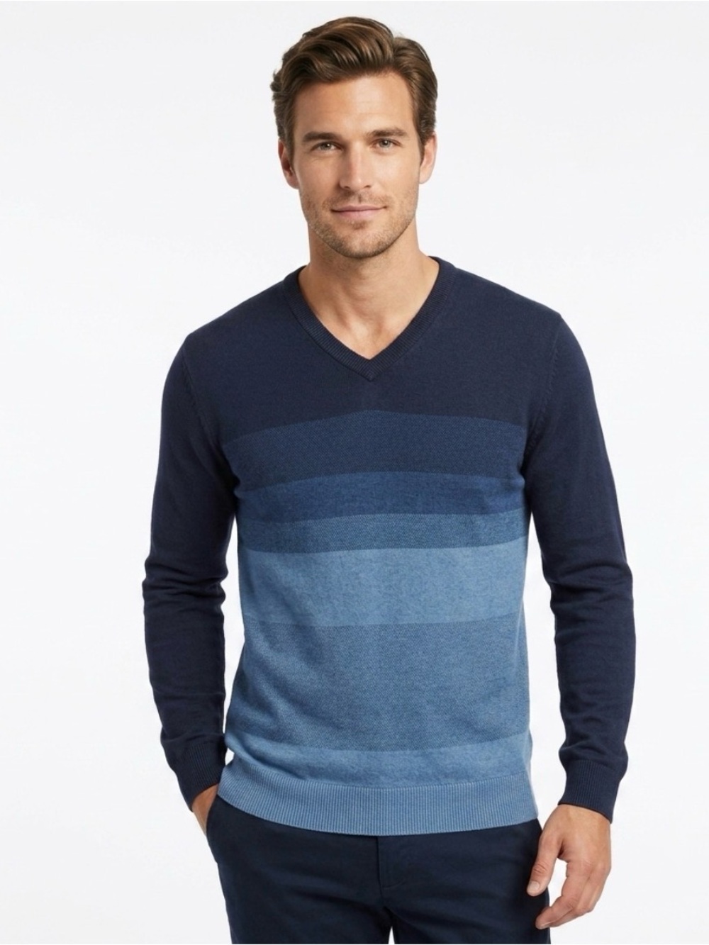Calvin Klein Italian Dyed Yarn Merino Wool Men's V-Neck Sweater, Blue Size L